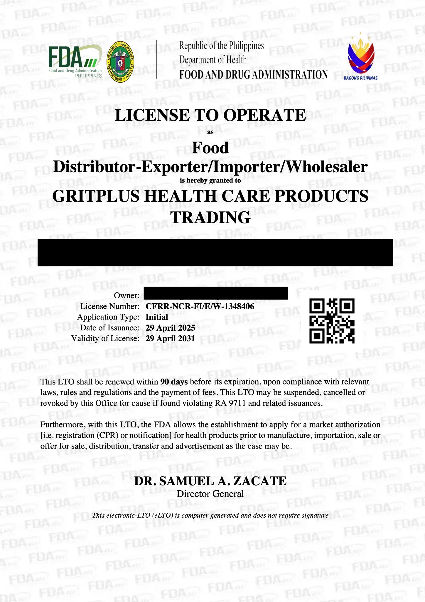 License to Operate — supplied redacted record preview